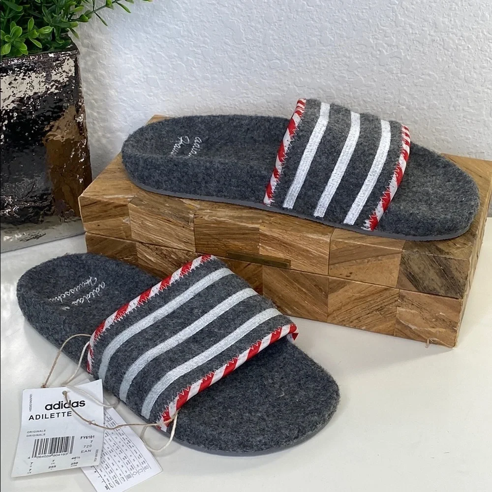 Adidas‎ Adilette Hausschuh Grey Felt Wool Slides Mens Slippers NEW 7 US